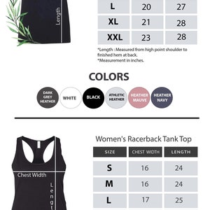May include: Size chart for women's V-neck t-shirts and racerback tank tops. The chart shows sizes from S to XXL with corresponding chest and length measurements in inches. Available colors include dark grey heather, white, black, athletic heather, heather mauve, and heather navy.