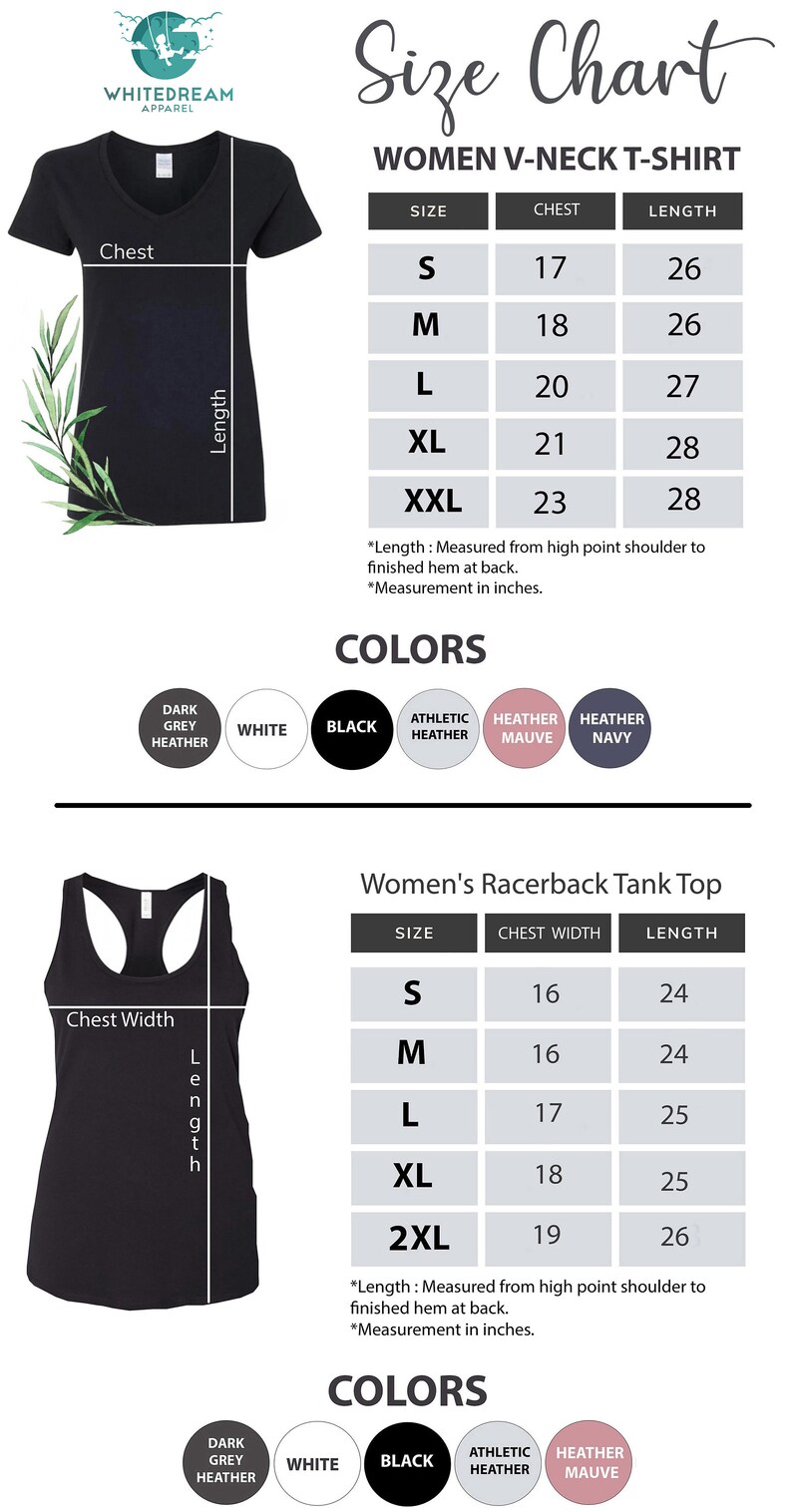 May include: Size chart for women's V-neck t-shirts and racerback tank tops. The chart shows sizes from S to XXL with corresponding chest and length measurements in inches. Available colors include dark grey heather, white, black, athletic heather, heather mauve, and heather navy.