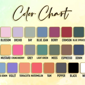 May include: A color chart with a variety of hues, including ivory, blossom, orchid, and blue jean. The chart also features colors like crimson, denim, and black. The text "Color Chart" is written in a cursive font at the top.
