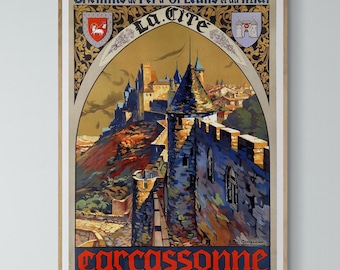 Puede incluir: Un cartel de viaje vintage que anuncia un viaje a Carcassonne, Francia. El cartel presenta una ilustración colorida de las murallas fortificadas y las torres de la ciudad medieval. El texto del cartel dice "Chemins de Fer d'Orléans et du Midi La Cité Carcassonne".