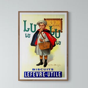 Peut inclure: Ancienne affiche publicitaire pour les biscuits LU. L'affiche représente un enfant en cape et chapeau, tenant un panier et un biscuit. L'affiche contient les mots "LU" et "Biscuits Lefèvre-Utile" en gras.