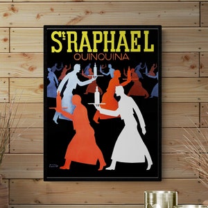 Peut inclure: Affiche vintage publicitaire pour St. Raphael Quinquina, un apéritif français. L'affiche présente un fond noir avec des silhouettes de personnes de différentes couleurs, dont le rouge, le blanc et le bleu, tenant des plateaux avec des bouteilles. Le texte "St. Raphael Quinquina" est en lettres jaunes.