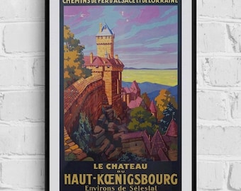 Puede incluir: Un póster de viaje vintage enmarcado para el castillo de Haut-Koenigsbourg en Francia. El póster presenta el texto "CHEMINS DE FER D'ALSACE ET DE LORRAINE" en la parte superior y "LE CHATEAU DU HAUT-KOENIGSBOURG" en la parte inferior. La obra de arte representa el castillo con un cielo colorido.