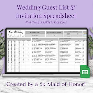 Puede incluir: Una hoja de cálculo digital de lista de invitados de boda y de invitación que se muestra en la pantalla de una computadora portátil. La hoja de cálculo incluye columnas para el estado de la invitación, los nombres de los invitados, las direcciones y el seguimiento de RSVP. El texto en la parte superior dice "Wedding Guest List & Invitation Spreadsheet."