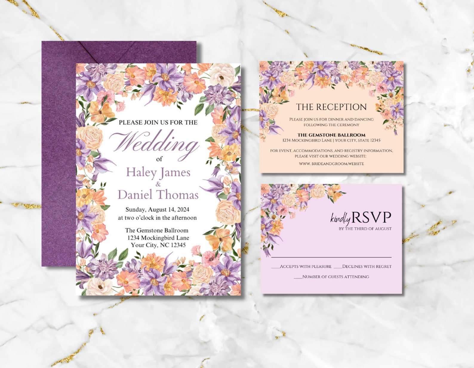 Purple Peach Floral Wedding Invitation Template With RSVP (digital ...