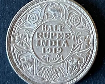 RARE 1919 1/2 Rupee British-India. King George V & Emperor Vintage KM#522 Silver Coin