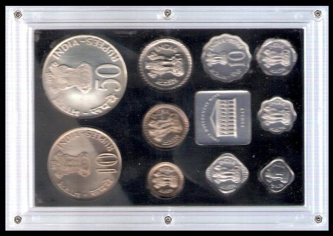 1974 年インド 50 ルピー銀貨プルーフと 10 ルピー プルーフ コイン 10