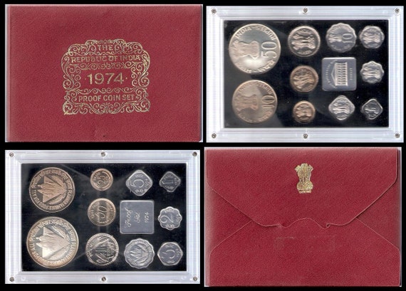 1974 年インド 50 ルピー銀貨プルーフと 10 ルピー プルーフ コイン 10