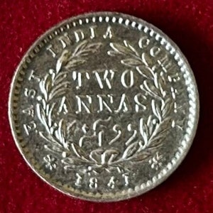 Vintage East India Company 1841 Queen Victoria 2 Annas KM#460 Silver Coin UNC