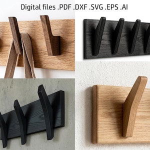 Könnte beinhalten: Verschiedene Wandgarderoben aus Holz in Natur-, Dunkelgrau- und Schwarz-Ausführungen. Jede Garderobe hat mehrere abgewinkelte Haken zum Aufhängen von Gegenständen. Der Text "Digital files .PDF .DXF .SVG .EPS .AI" ist ebenfalls enthalten.
