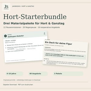 Op de afbeelding: Een digitaal downloadpakket genaamd Hort-Starterbundle met drie materiaalpakketten voor buitenschoolse opvang. Bevat 12 pauzemissies, 20 regenpauze-activiteiten en 16 coöperatieve aanbiedingen voor kinderen van 6-10 jaar, als printbare PDF-kaarten.