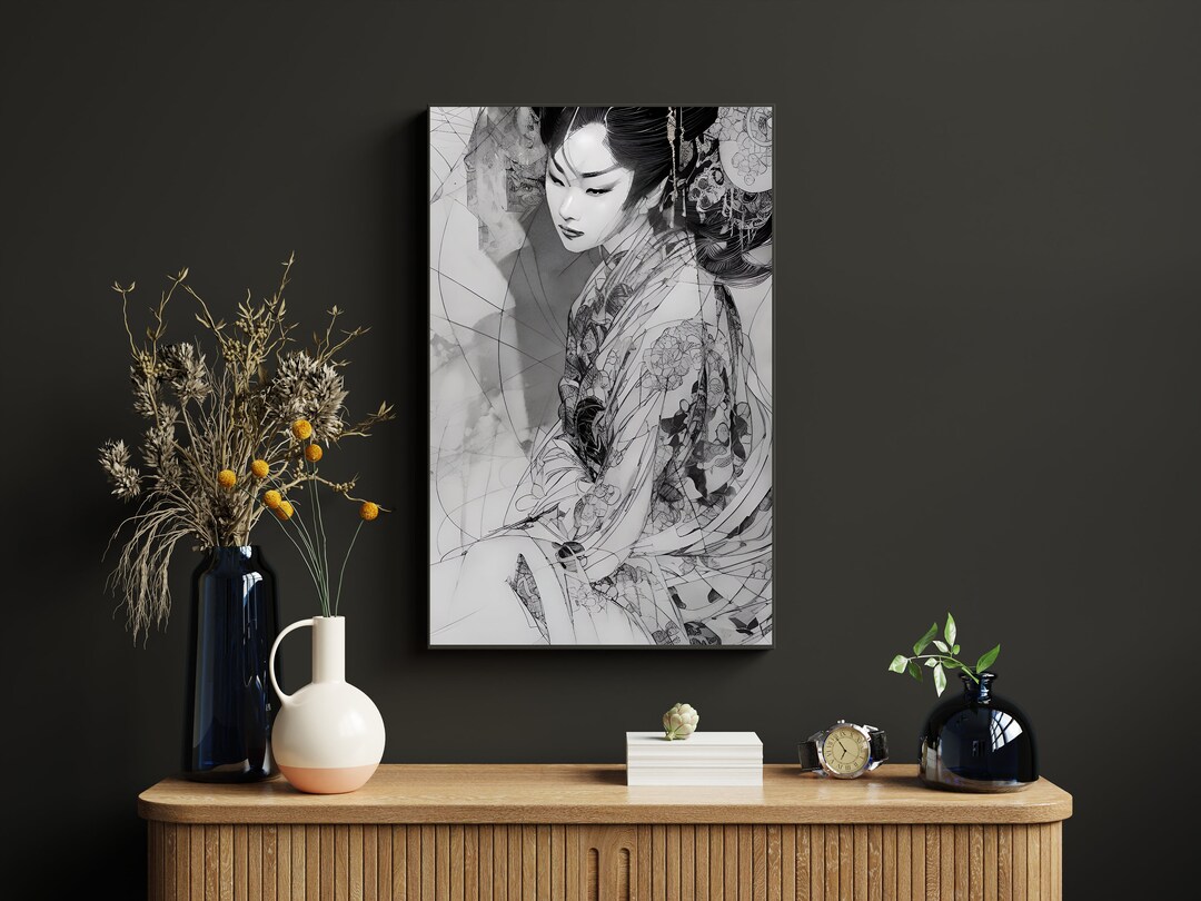 Japanese Geisha in Kimono Portrait Japanese Wallart Black and White ...