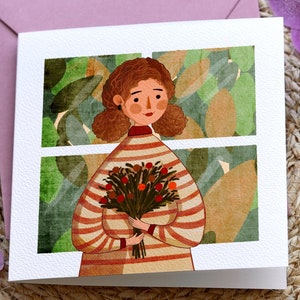 Carte de fille d'automne Carte de voeux d'automne confortable Carte de fille aux cheveux bouclés pour la famille et les amis, parfaite pour les amoureux de l'automne