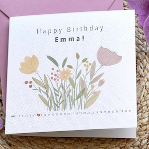 Carte d'anniversaire personnalisée avec fleurs sauvages, nom et date personnalisés, carte d'anniversaire aux couleurs chaudes de l'été, fleurs, carte de voeux d'anniversaire inspirée de la nature