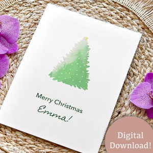 Gepersonaliseerde digitale download kerstkaart Nieuwjaarswensen Instant downloadkaart Aangepaste naamkaart kerstboom aquarelstijl