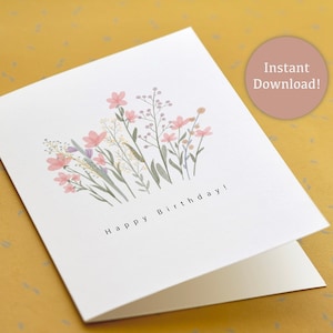 Wildflowers Birthday Card Instant Download Post Card Pink Flowers Greeting Card Happy Birthday Gift Card