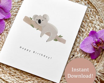 Koala Birthday Card, Cute Animal Happy Birthday Card Digital Download Greeting Card Gift for Animal Lovers