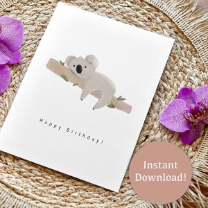 Tarjeta de cumpleaños Koala, tarjeta de feliz cumpleaños animal lindo Descarga digital Tarjeta de felicitación Regalo para los amantes de los animales