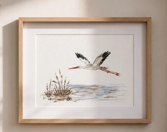 Original White Stork Watercolor Painting, Made to Order, A5 Bird Art, Minimalist Nature Wall Decor, Handmade Wildlife Artwork, Unframed Gift