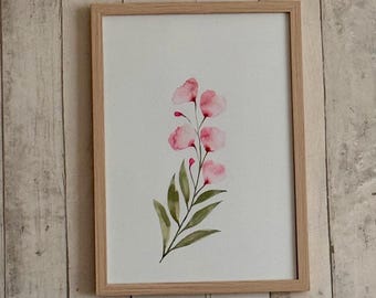 Original Pink Sweet Pea Flowers Watercolor Painting – Minimalist A4 Wall Art