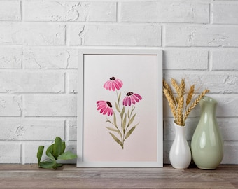 Original Pink Coneflower Watercolor(not printed), A4 Botanical Wild Flowers Artwork