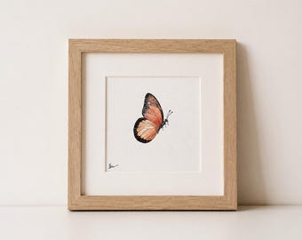 Opera d'arte originale ad acquerello raffigurante una farfalla monarca – Mini opera d'arte fatta a mano 10 x 10 cm – Pittura naturalistica minimalista