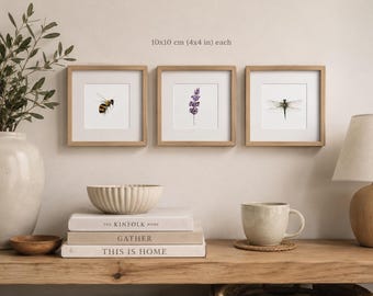Original Watercolor Bee, Lavender, Dragonfly Art | Mini Botanical Nature Collection (10x10 cm)