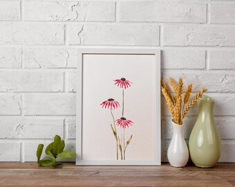 Original Watercolor Echinacea(not printed), Minimal Botanical Flower Painting, A4 Wild Flowers Artwork