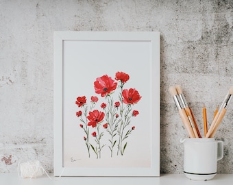 Original Watercolor Poppy Painting(not printed), Red Wildflower Botanical Art, Hand-Painted Floral Wall Art, Unframed