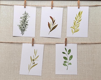 Botanical Watercolor Painting Set of 5 Minimalist Green Leaves A6 Art