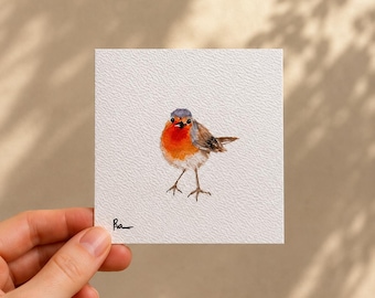 Mini Robin Watercolor Painting | Original Hand Painted Bird Art | Made to Order Miniature Artwork | 10x10 cm Nature Painting