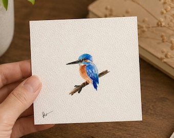 Mini Kingfisher Watercolor Painting Original Bird Art, Made to Order Miniature Artwork, 10x10 cm Small Bird Painting