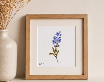 Original Blue Wildflower Watercolor – Mini Botanical Painting – 10x10 cm