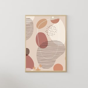 Può includere: Stampa d'arte astratta con sfondo beige e forme sovrapposte in tonalità di marrone, rosa e rosso. Le forme hanno un motivo a strisce e alcune hanno punti neri.