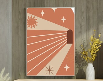May include: A digital art print with a peach background and a light brown doorway. The doorway is surrounded by light brown lines that radiate out from the doorway. There are three stars and a sun in the upper left corner of the print.