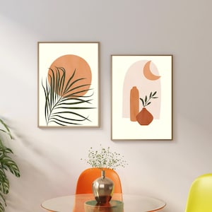 Impresión de arte botánico boho, DESCARGA DIGITAL, Conjunto de 2 arte de pared imprimible botánico abstracto, impresión de terracota, decoración de pared boho, cartel de hoja