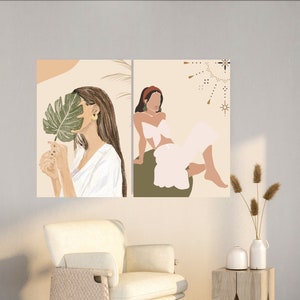 Bohemian Illustrated Woman, Neutral Modern Wall Art, Set of 2 Prints, Wall Art Set of 2,Digital Download, Mid Century Modern Above Bed