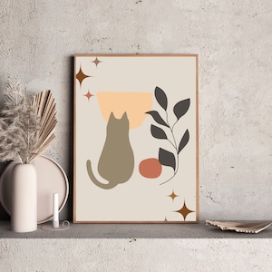 Può includere: Stampa d'arte astratta con un gatto, una pianta e forme geometriche in tonalità di marrone, arancione e beige. La stampa ha un'estetica minimalista e sarebbe perfetta in una casa moderna.