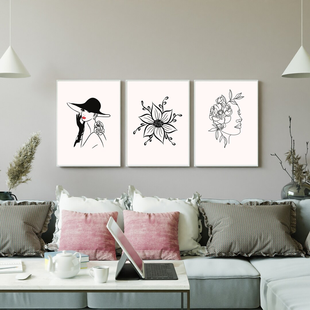 Black and White Wall Art Set of 3 Plant Wall Art Home Decor Etsy
