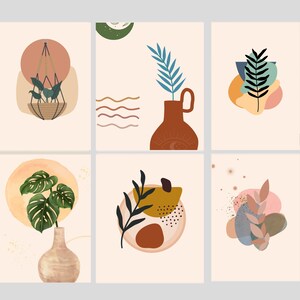 Boho Botanical Art Print, Set of 6 Flowers Abstract Botanical Printable Wall Art, Terracotta Print, Boho Wall Decor, Leaf Poster