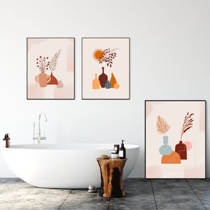 Boho Botanical Art Print, Set of 3 Flowers, Abstract Botanical Printable Wall Art, Terracotta Print, Boho Wall Decor, Leaf Poster