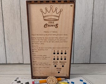 Five Crowns Wooden Engraved Custom Stained - Sealed Game Box with INTEGRATED SCOREBOARD | Pencil, Coin, & 2 Pegs | Retirement | Personalized