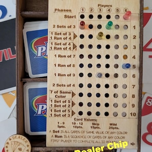 Phase 10 Deluxe Laser Engraved  Stained & Sealed Game Box - INTEGRATED SCOREBOARD - DEALER Coin- *Updated*  Start Row - Personalizing Option