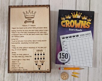 Deluxe Five Crowns Wooden Game Box-INTEGRATED SCOREBOARD w/Storage - Stained/Sealed - includes: Scoring Booklet, Pencil, Dealer Coin, 2 Pegs