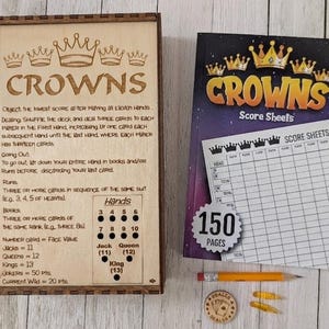 Deluxe Five Crowns Wooden Game Box-INTEGRATED SCOREBOARD w/Storage - Stained/Sealed - includes: Scoring Booklet, Pencil, Dealer Coin, 2 Pegs