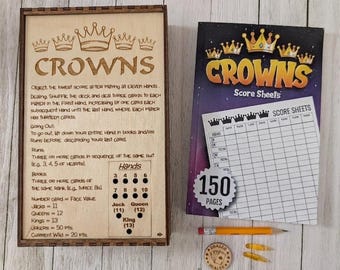 Deluxe Five Crowns Wooden Game Box-INTEGRATED SCOREBOARD w/Storage - Stained/Sealed - includes: Scoring Booklet, Pencil, Dealer Coin, 2 Pegs