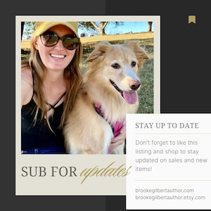 May include: A woman wearing a yellow baseball cap and sunglasses is holding a golden retriever dog. The image is a Polaroid photo with a caption that says "SUB FOR updates" and includes contact information for the photographer.