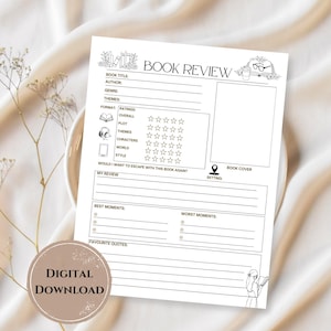 Puede incluir: Una hoja de revisión de libro imprimible en blanco y negro con secciones para título, autor, género, calificaciones y notas. Incluye el texto "BOOK REVIEW" y "DIGITAL DOWNLOAD". La hoja está sobre un fondo blanco.