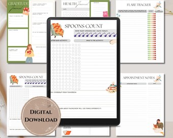 May include: Digital download of printable planner pages. Includes a gratitude journal, health journal, flare tracker, appointment notes, and a spoons count tracker. The text "Digital Download" is visible on a circular label.