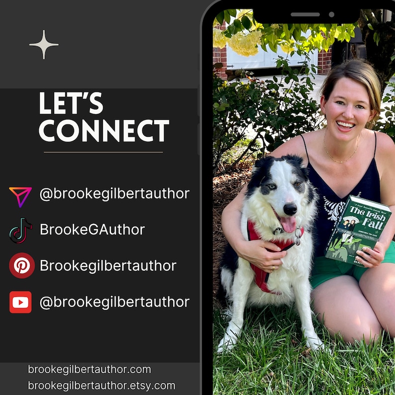 May include: A woman with a black and white border collie dog is sitting in a grassy area. She is holding a book titled "The Irish Fall". The woman is wearing a black tank top and green shorts. The dog is wearing a red harness. The woman is smiling and looking at the camera. The dog is looking at the camera. The background is a green grassy area with trees and a brick wall.